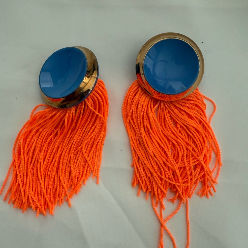 Blue and Orange Fringe Clip On Earrings